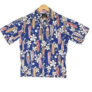 Makis Mens Medium Hawaiian Shirt Button Up Blue Surfboards Floral Print Vintage